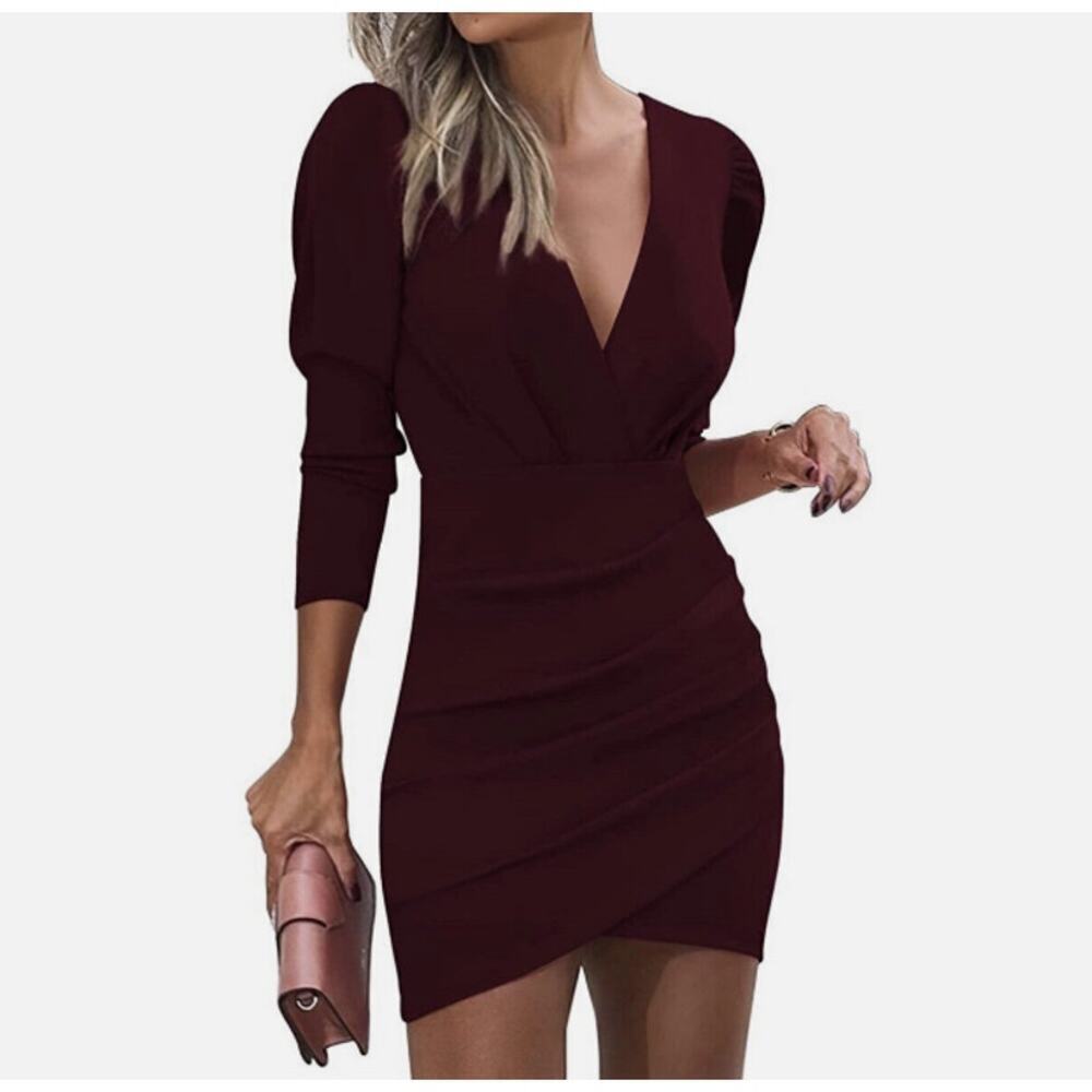 Sarin Mathews Deep V Neck Ruched Long Sleeve Mini Dress Burgandy NWT Size M